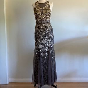 Adrianna Papell Gold Silver Brown Sleeveless Sequin Mesh Gown
